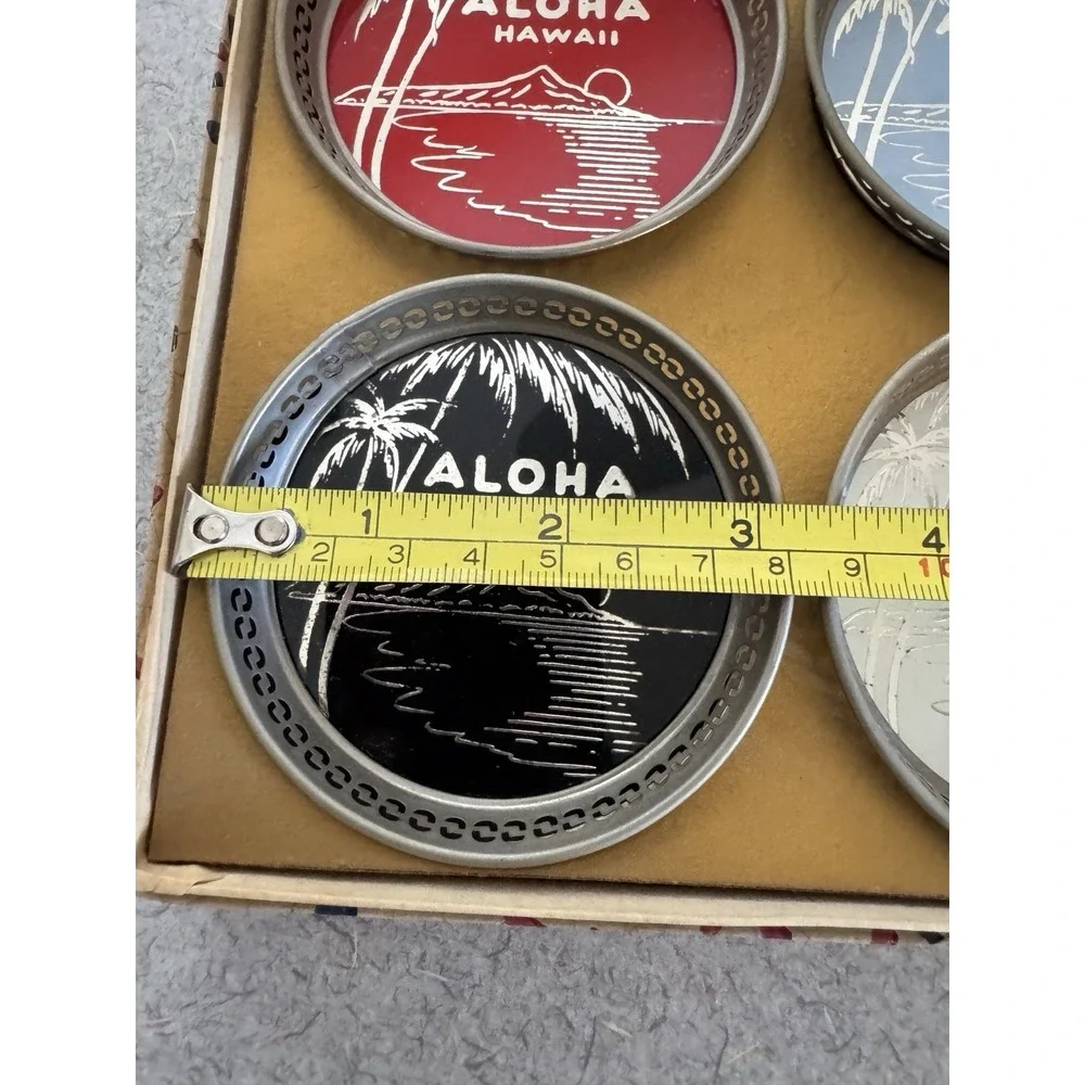 RARE 1950s Hawaii Territory Aluminum Drink Coaster Set Pre-Statehood Vintage